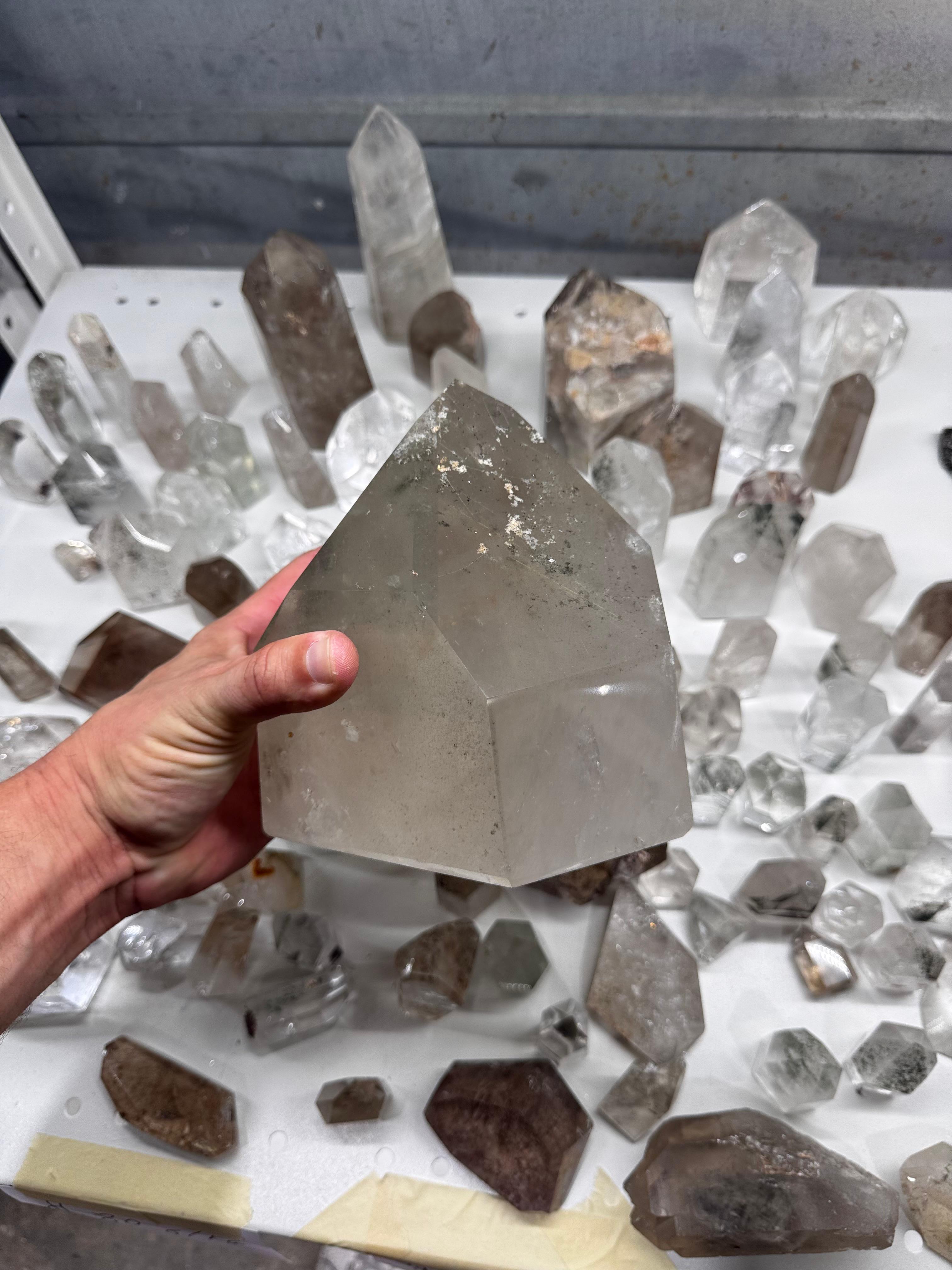 Chlorite and Lodolite Crystal Quartz Towers (Clear and Smoky)