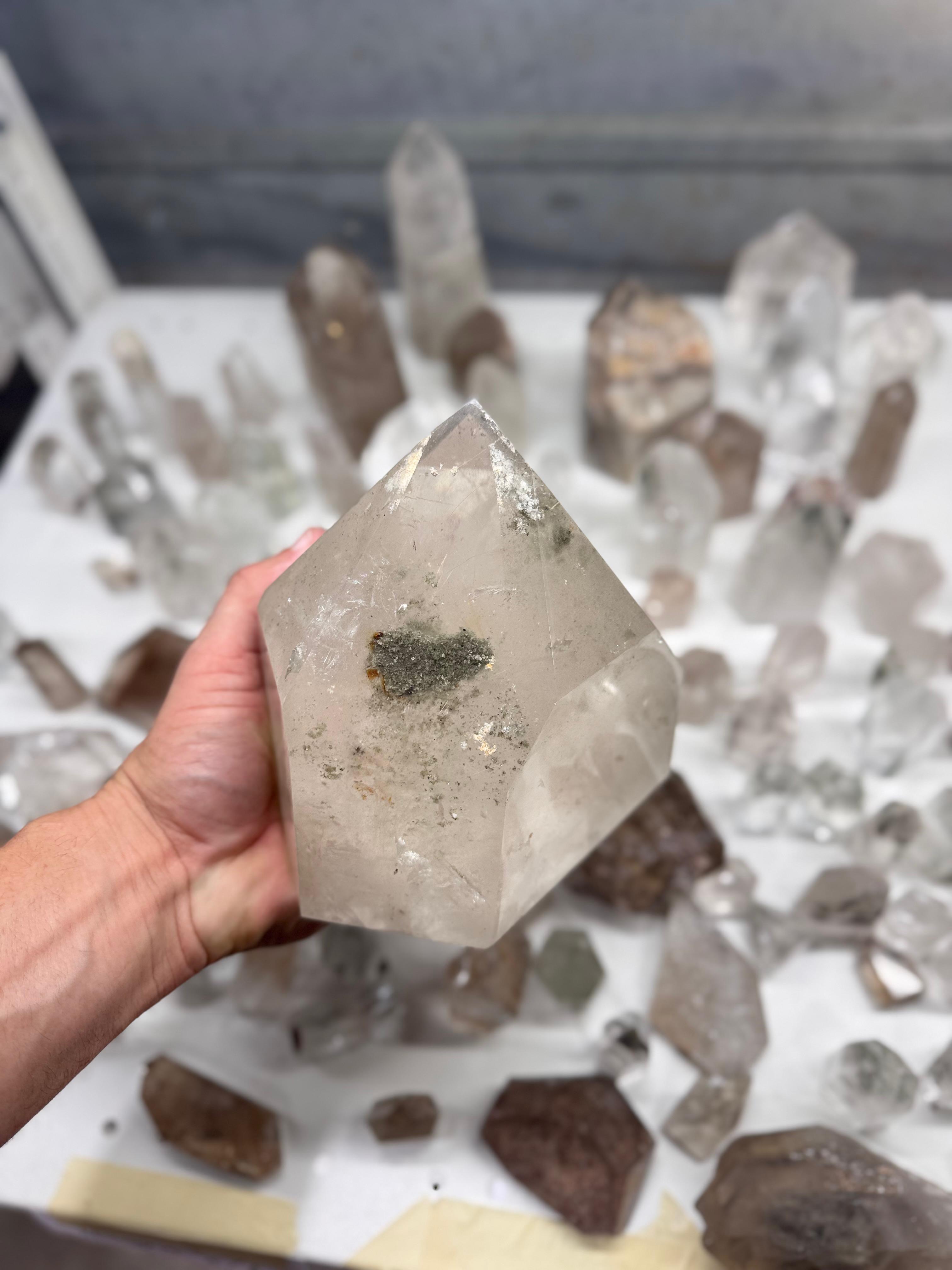 Chlorite and Lodolite Crystal Quartz Towers (Clear and Smoky)