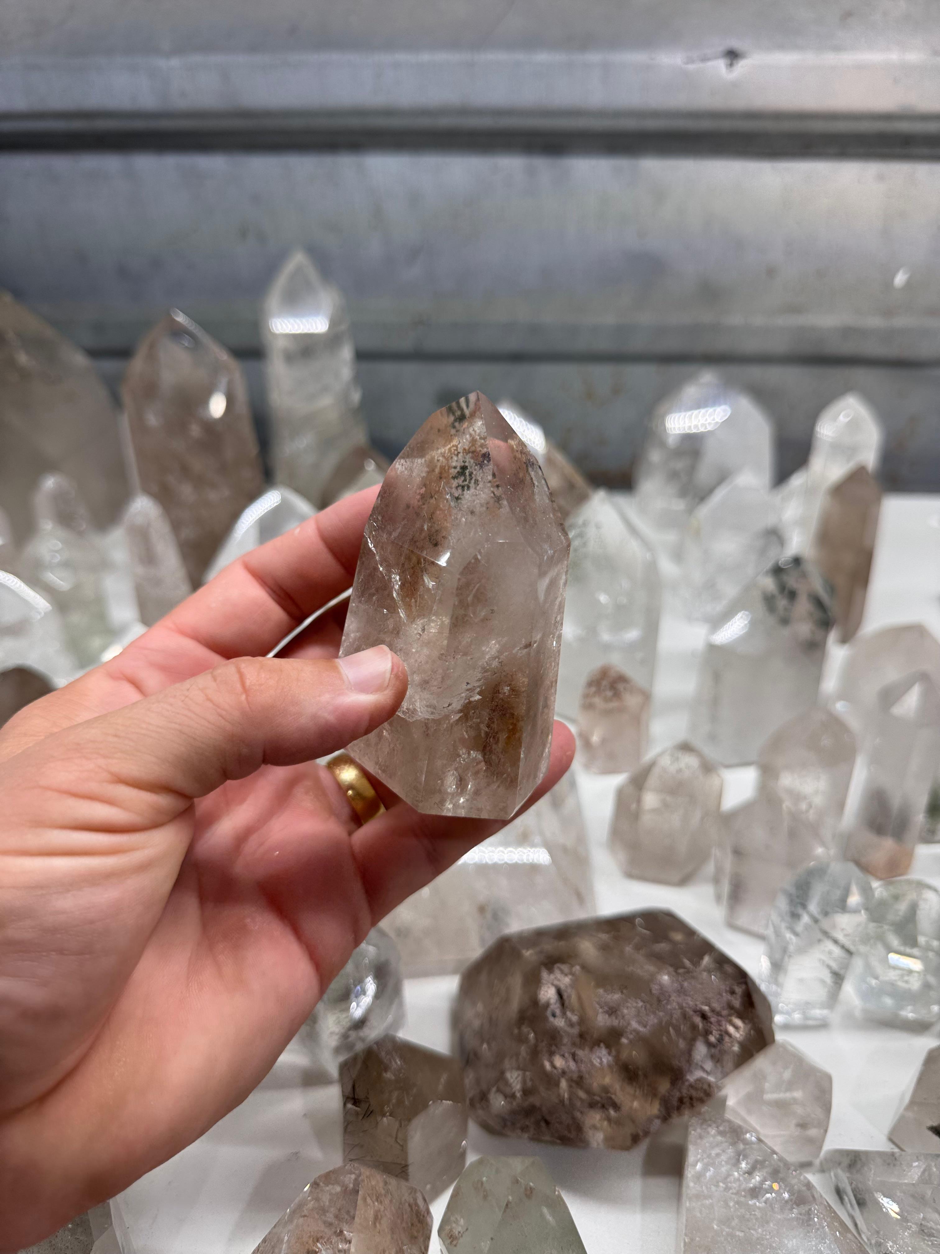 Chlorite and Lodolite Crystal Quartz Towers (Clear and Smoky)
